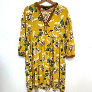 Suzanne Betro  Baby Doll Dress Medium  Yellow Floral Empire‎ Pockets Boho Fairy